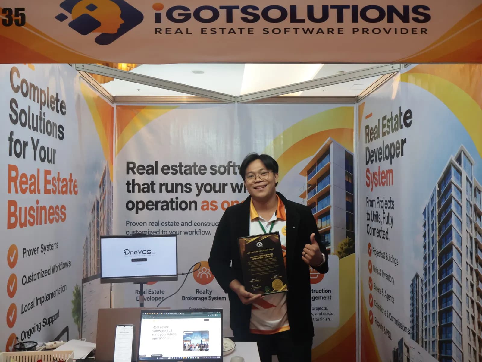 iGotSolutions booth #35 at CREBA National Convention 2026, Cebu, with the Certificate of Appreciation