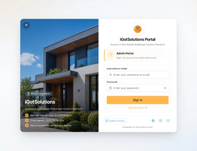The iGotSolutions Portal sign-in screen for the Realty Brokerage System, showing the Admin Portal selected, username and password fields, a Sign In button, and a control to switch portals